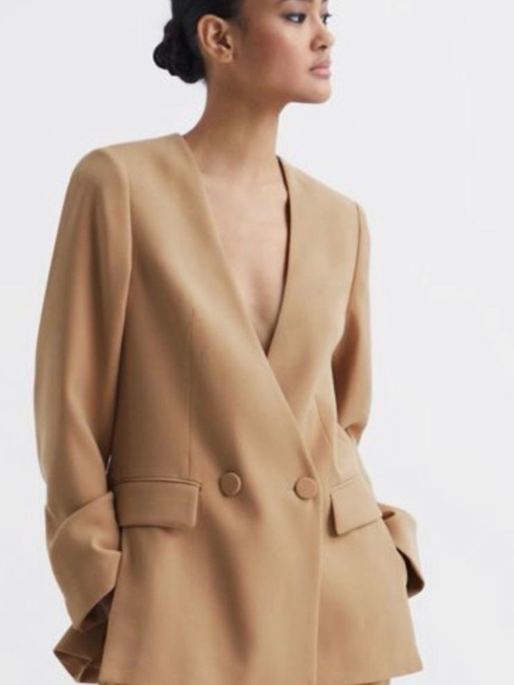 NWT Reiss Margeaux Collarless Double Breasted Blazer Neutral Beige Size 4